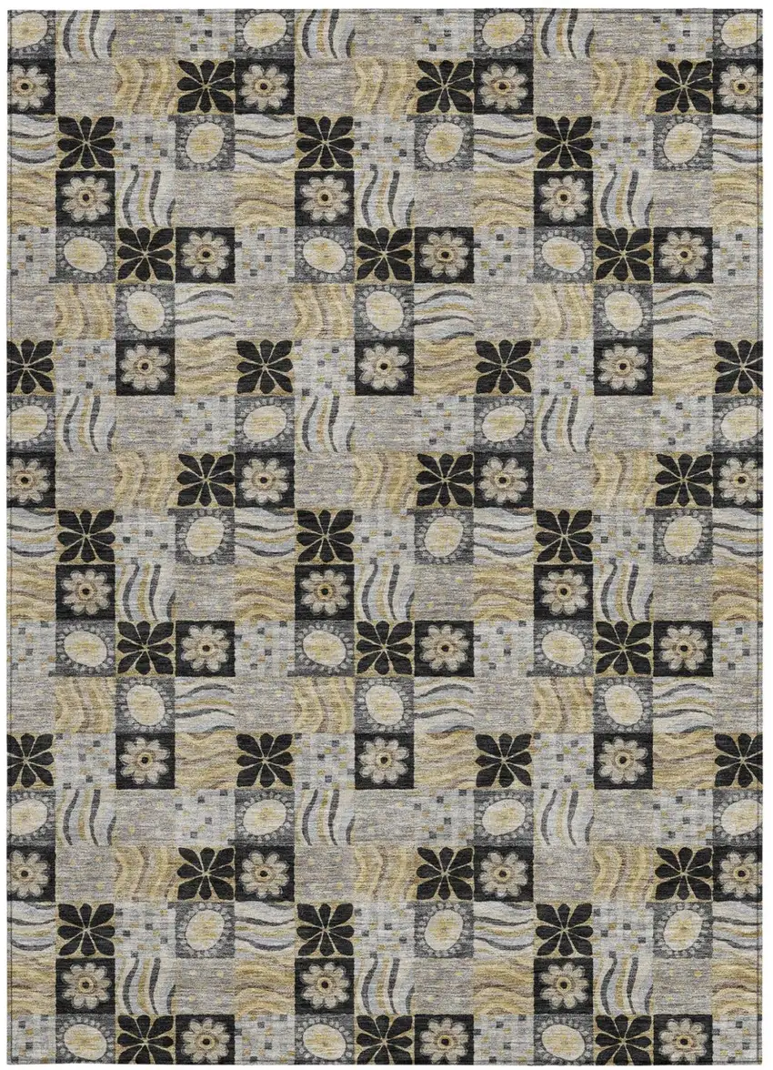 Black And Silver Floral Washable Indoor Outdoor Area Rug Photo 3