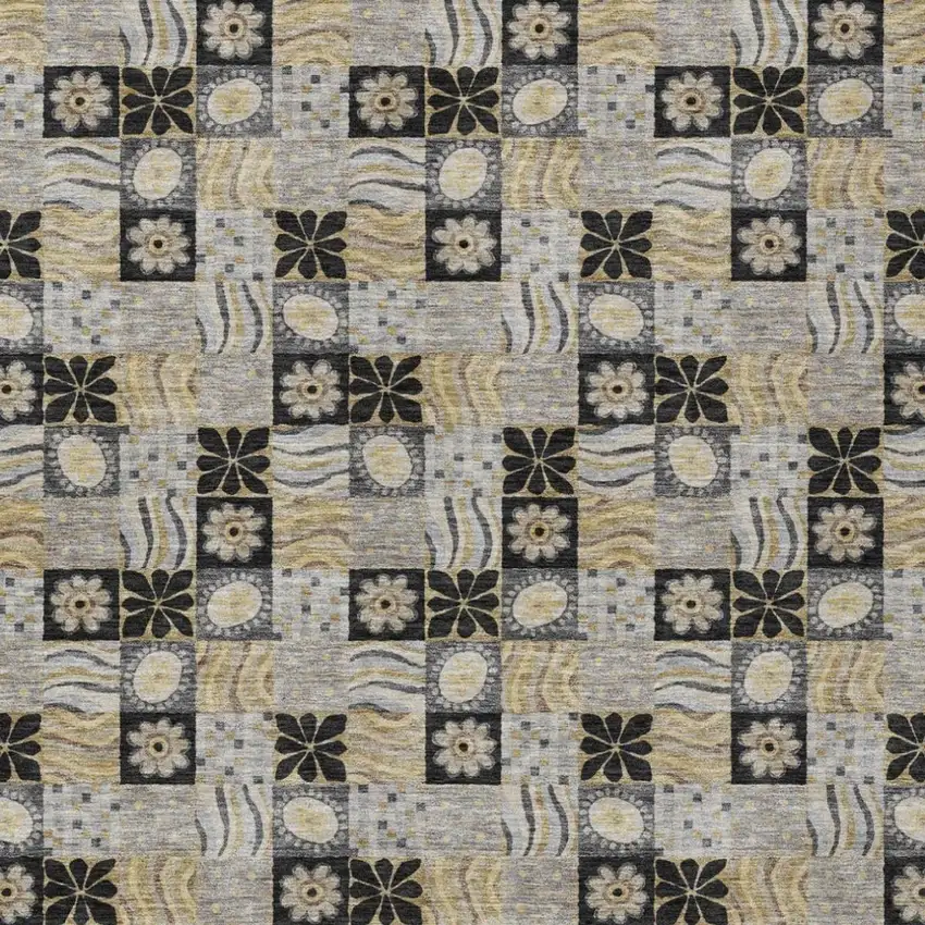 Black And Silver Floral Washable Indoor Outdoor Area Rug Photo 1