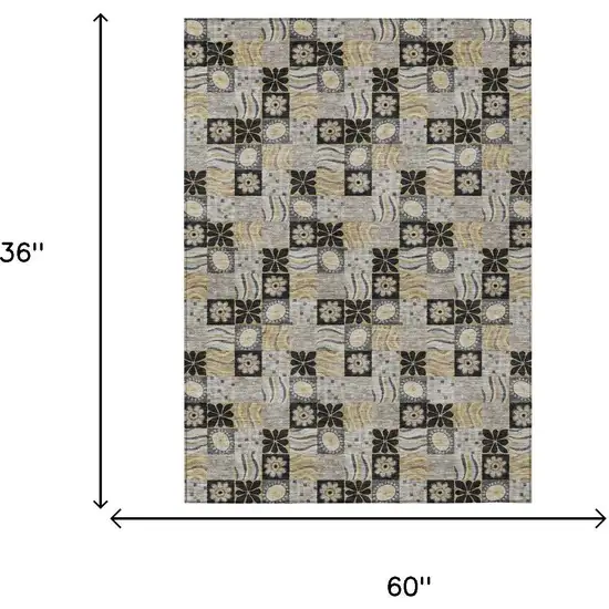 Black And Silver Floral Washable Indoor Outdoor Area Rug Photo 6