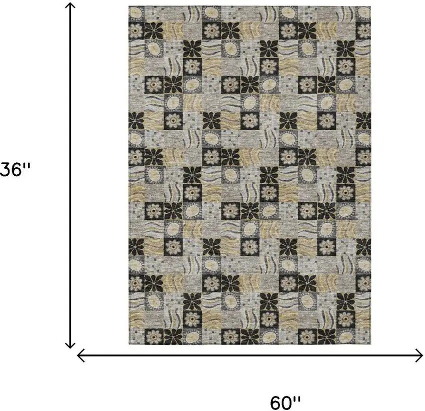 Black And Silver Floral Washable Indoor Outdoor Area Rug Photo 6