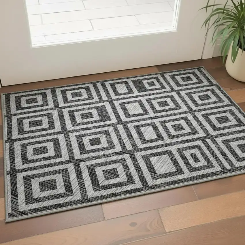 Black And Silver Geometric Washable Area Rug With UV Protection Photo 2