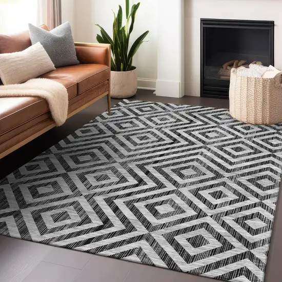 Black And Silver Geometric Washable Area Rug With UV Protection Photo 6