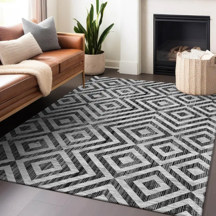 Black And Silver Geometric Washable Area Rug With UV Protection Photo 6