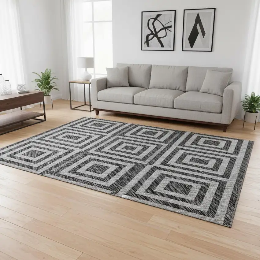 Black And Silver Geometric Washable Area Rug With UV Protection Photo 2