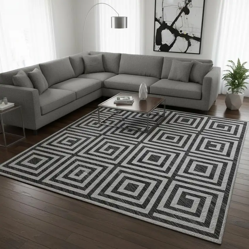 Black And Silver Geometric Washable Area Rug With UV Protection Photo 2