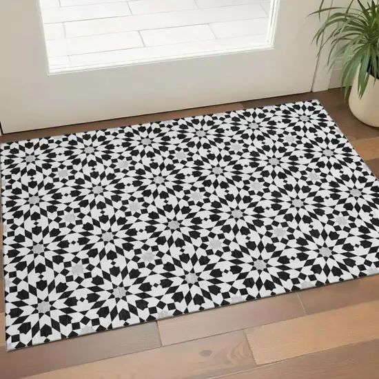 Black And Silver Geometric Washable Area Rug With UV Protection Photo 1