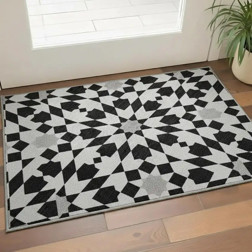Black And Silver Geometric Washable Area Rug With UV Protection Photo 2