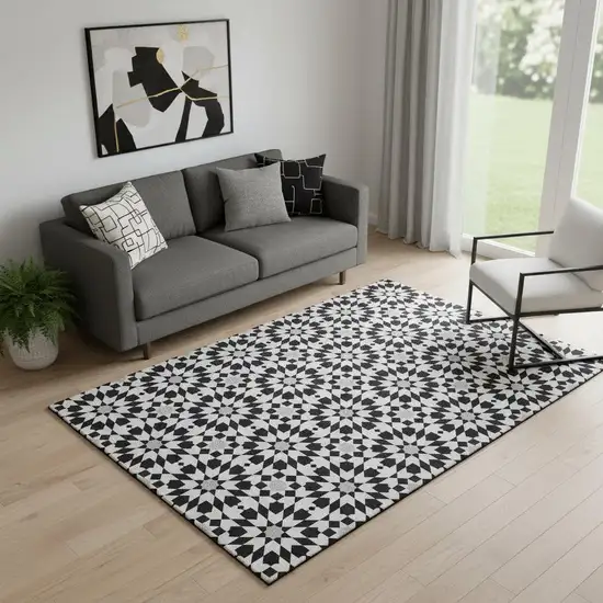 Black And Silver Geometric Washable Area Rug With UV Protection Photo 1
