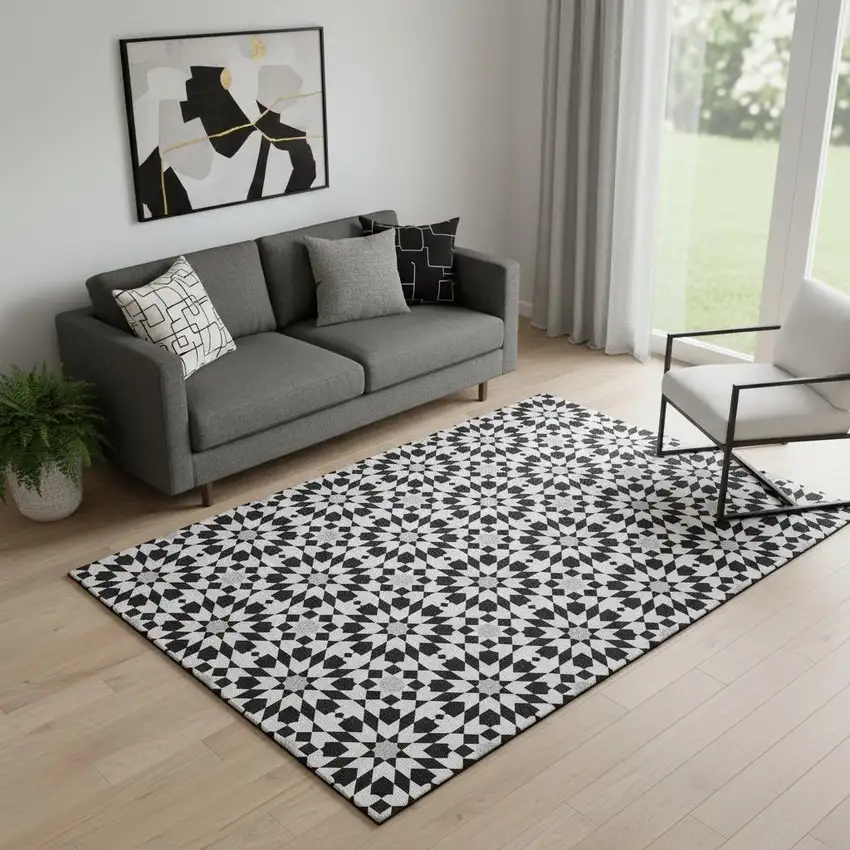 Black And Silver Geometric Washable Area Rug With UV Protection Photo 1