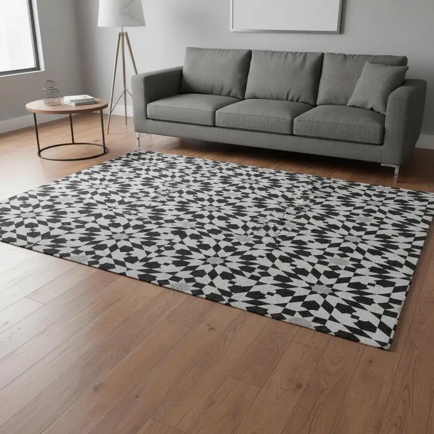 Black And Silver Geometric Washable Area Rug With UV Protection Photo 2