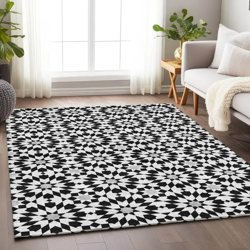 Black And Silver Geometric Washable Area Rug With UV Protection Photo 5