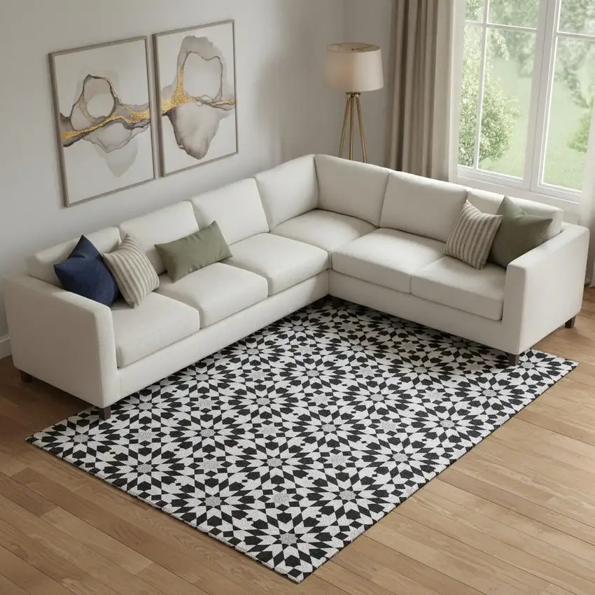 Black And Silver Geometric Washable Area Rug With UV Protection Photo 1