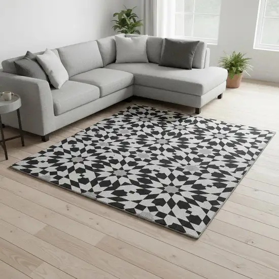 Black And Silver Geometric Washable Area Rug With UV Protection Photo 2