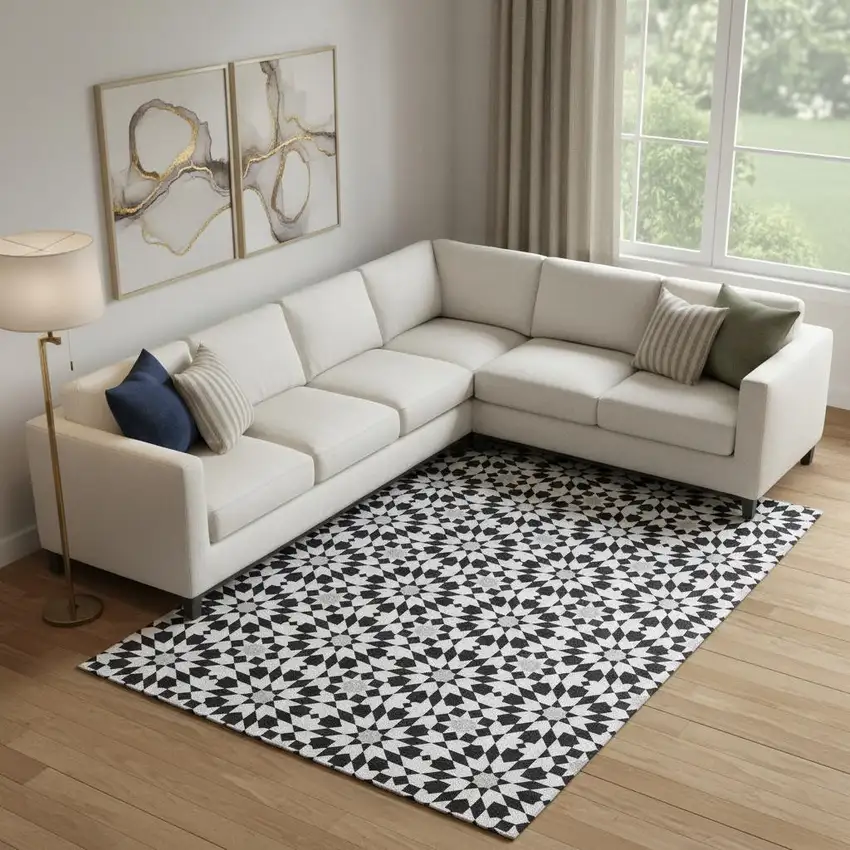 Black And Silver Geometric Washable Area Rug With UV Protection Photo 1