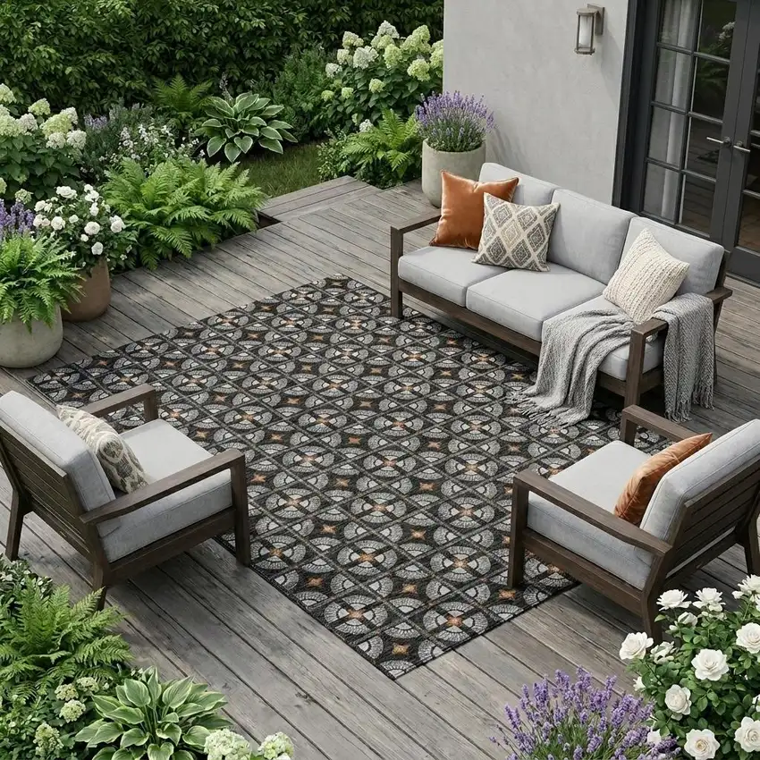 Black And Silver Geometric Washable Indoor Outdoor Area Rug Photo 1
