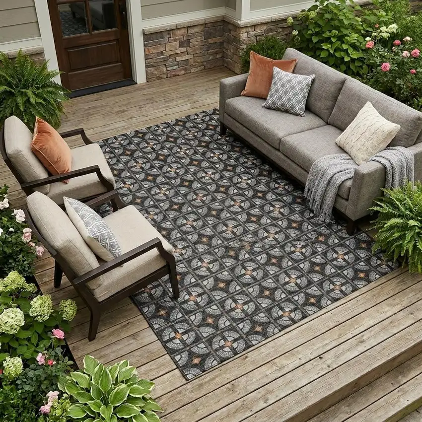 Black And Silver Geometric Washable Indoor Outdoor Area Rug Photo 1