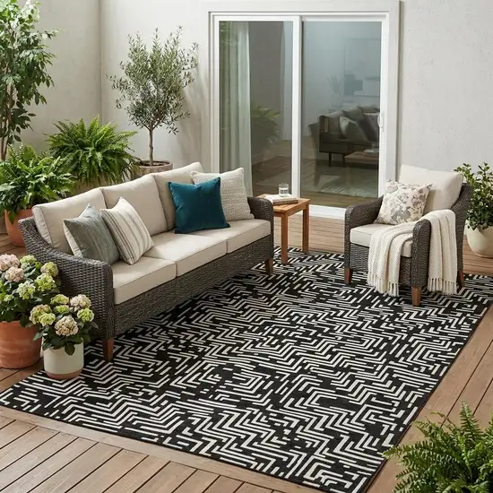 Black And Silver Geometric Washable Indoor Outdoor Area Rug Photo 1
