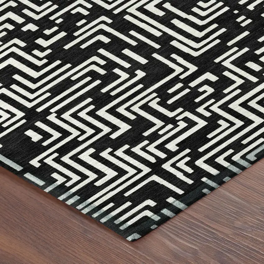Black And Silver Geometric Washable Indoor Outdoor Area Rug Photo 6