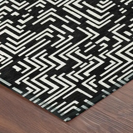 Black And Silver Geometric Washable Indoor Outdoor Area Rug Photo 6
