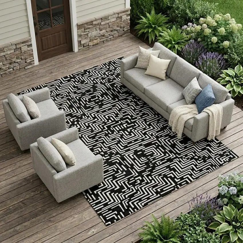 Black And Silver Geometric Washable Indoor Outdoor Area Rug Photo 1