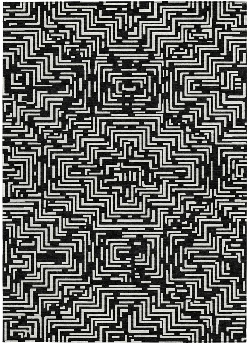 Black And Silver Geometric Washable Indoor Outdoor Area Rug Photo 5