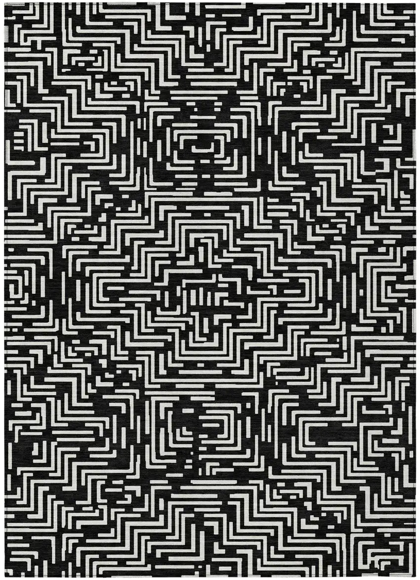 Black And Silver Geometric Washable Indoor Outdoor Area Rug Photo 4