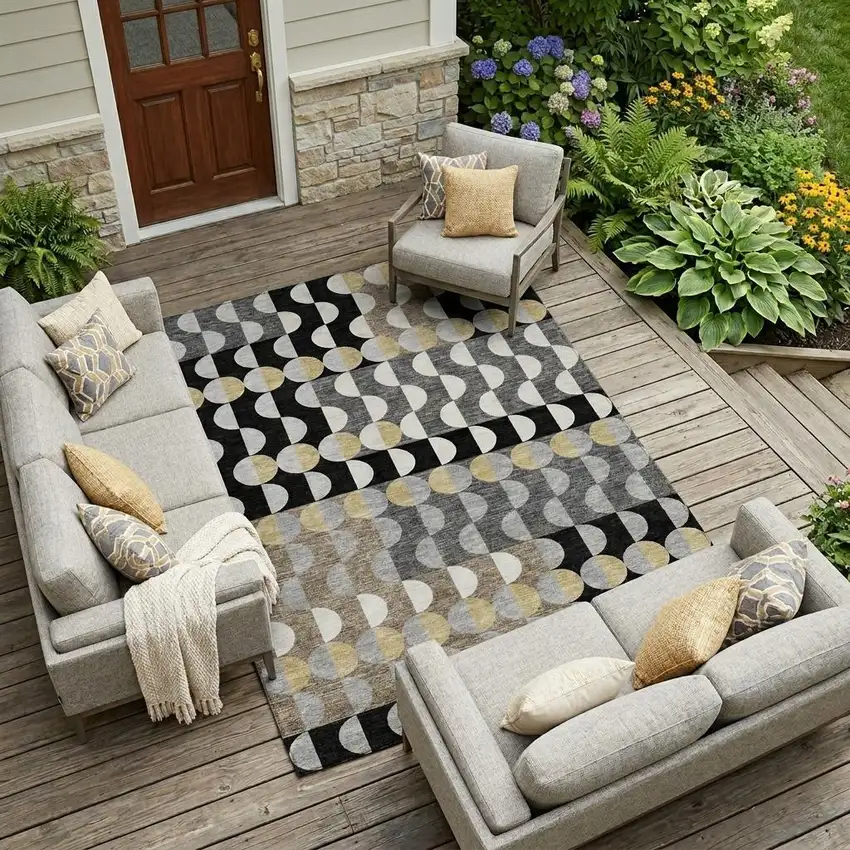Black And Silver Geometric Washable Indoor Outdoor Area Rug Photo 1