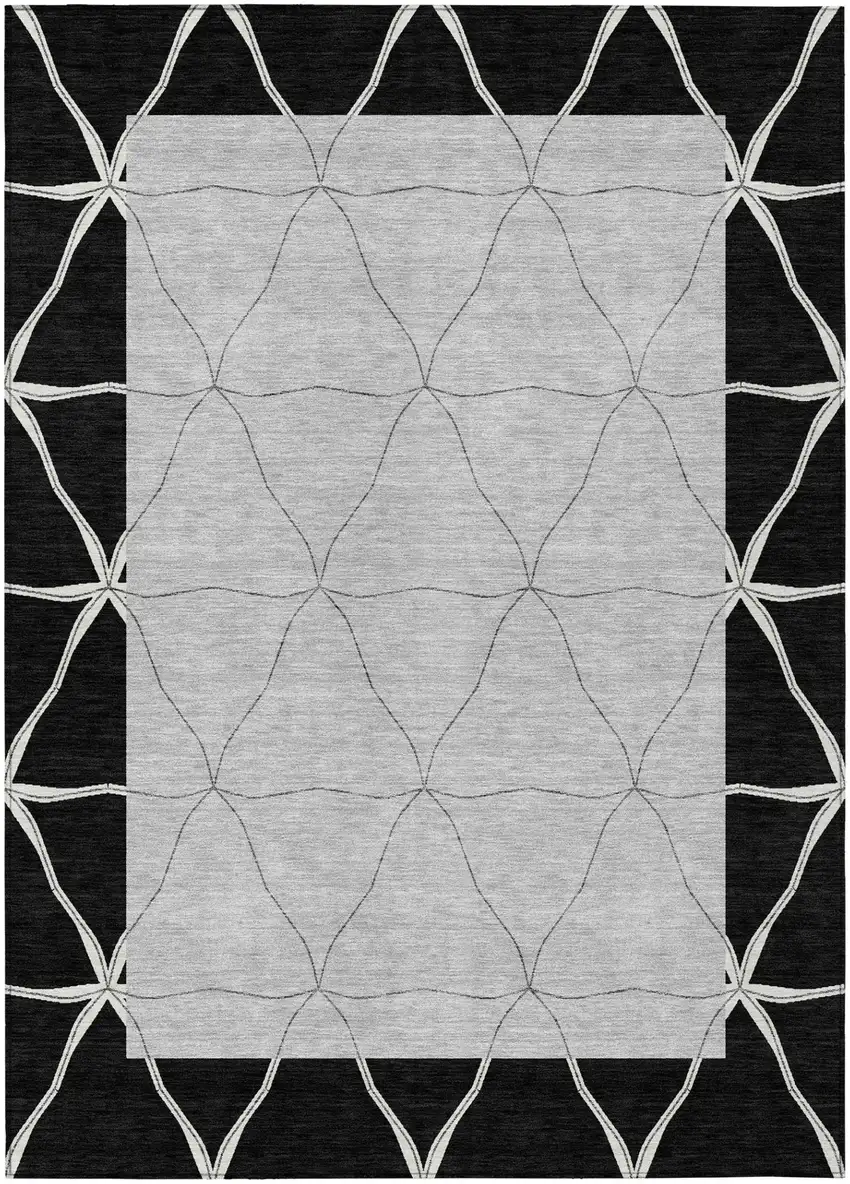 Black And Silver Geometric Washable Indoor Outdoor Area Rug Photo 2