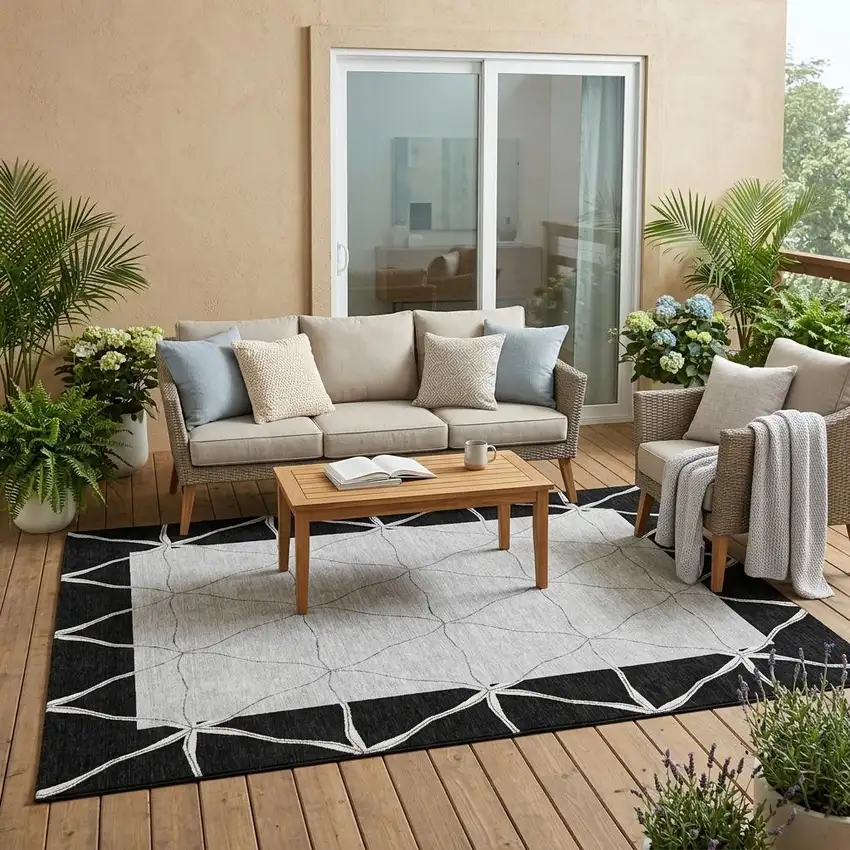 Black And Silver Geometric Washable Indoor Outdoor Area Rug Photo 1