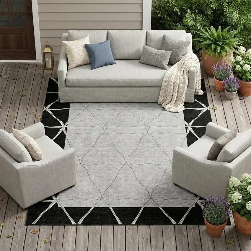 Black And Silver Geometric Washable Indoor Outdoor Area Rug Photo 1