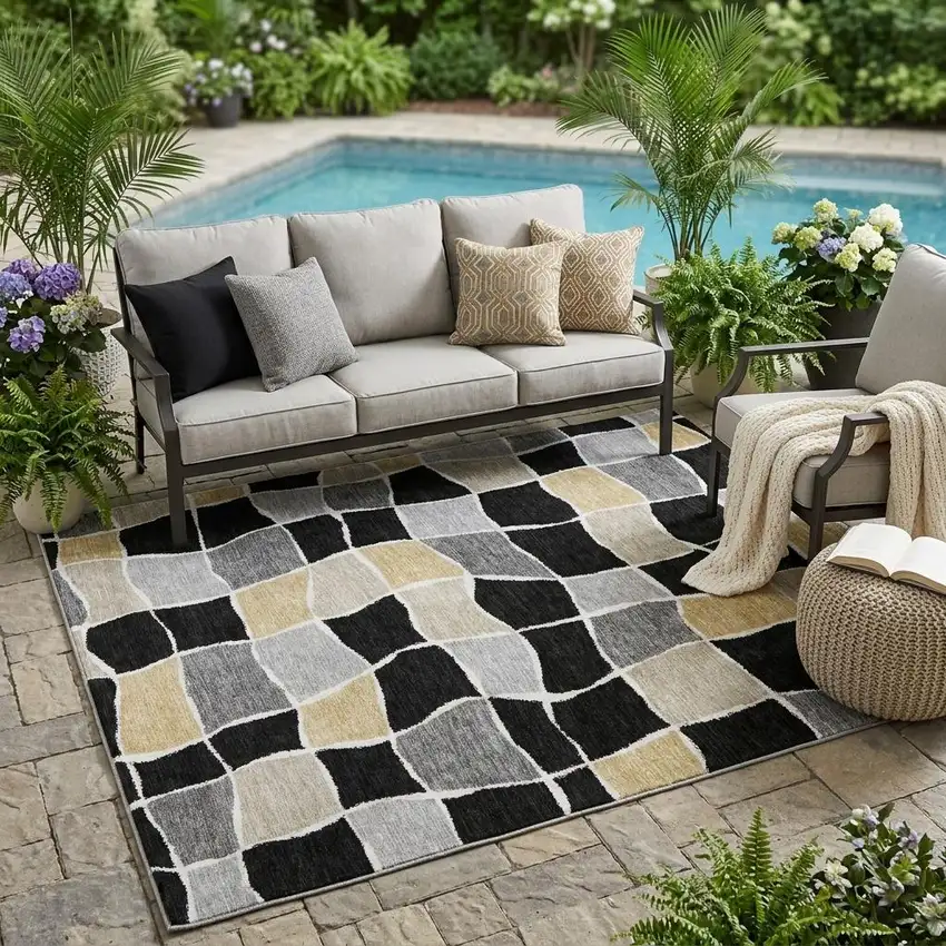 Black And Silver Geometric Washable Indoor Outdoor Area Rug Photo 1
