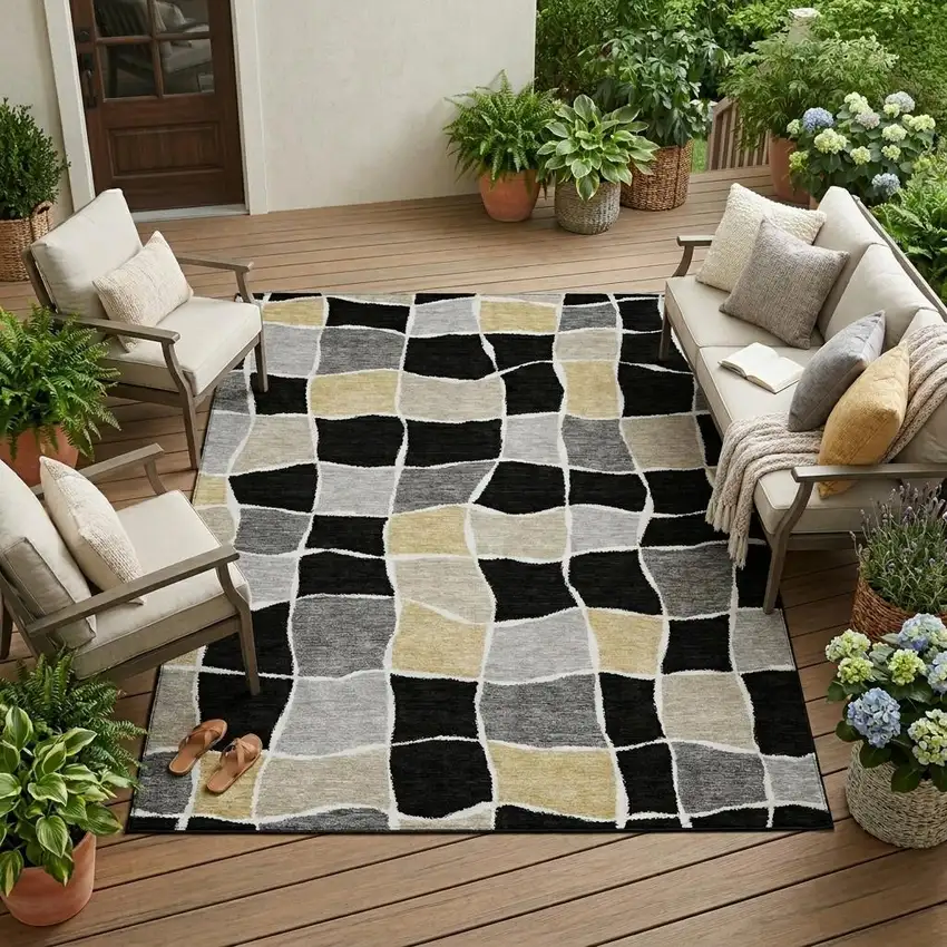Black And Silver Geometric Washable Indoor Outdoor Area Rug Photo 1