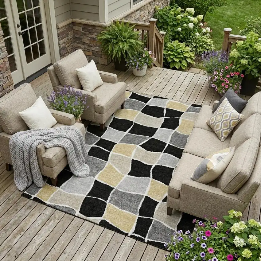 Black And Silver Geometric Washable Indoor Outdoor Area Rug Photo 1