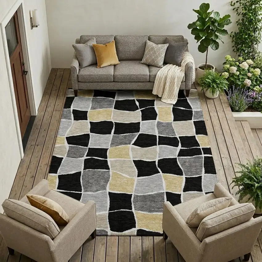 Black And Silver Geometric Washable Indoor Outdoor Area Rug Photo 1