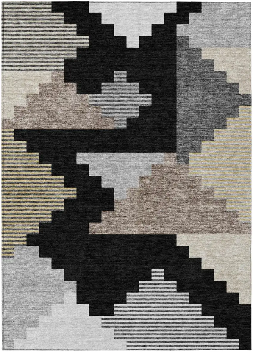 Black And Silver Geometric Washable Indoor Outdoor Area Rug Photo 3