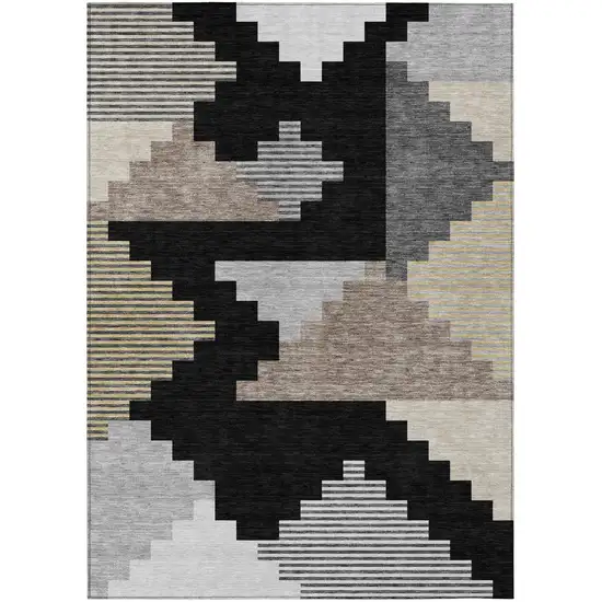 Black And Silver Geometric Washable Indoor Outdoor Area Rug Photo 3