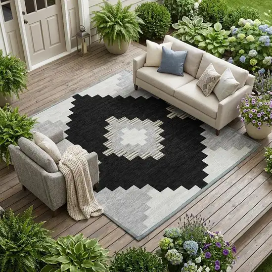 Black And Silver Geometric Washable Indoor Outdoor Area Rug Photo 1