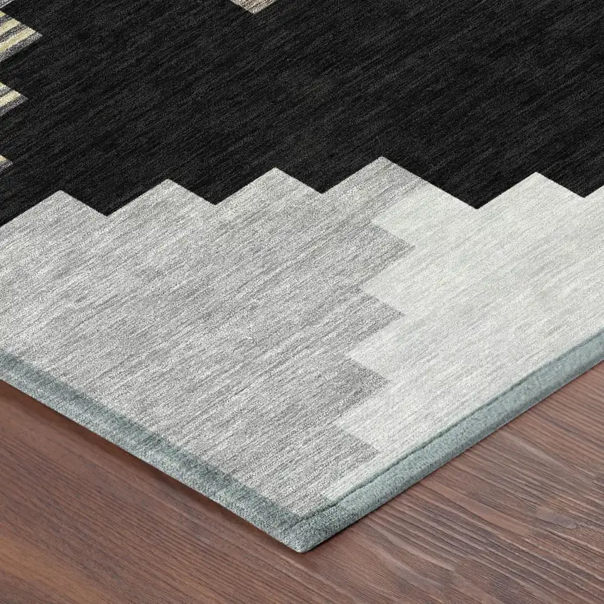 Black And Silver Geometric Washable Indoor Outdoor Area Rug Photo 2