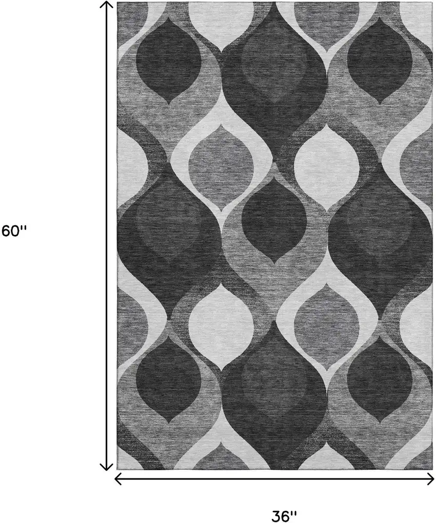 Black And Silver Ogee Washable Area Rug With UV Protection Photo 3