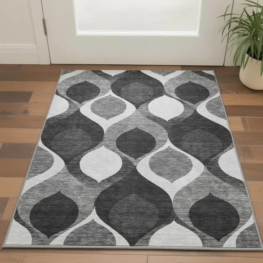 Black And Silver Ogee Washable Area Rug With UV Protection Photo 2