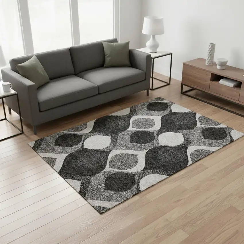Black And Silver Ogee Washable Area Rug With UV Protection Photo 2