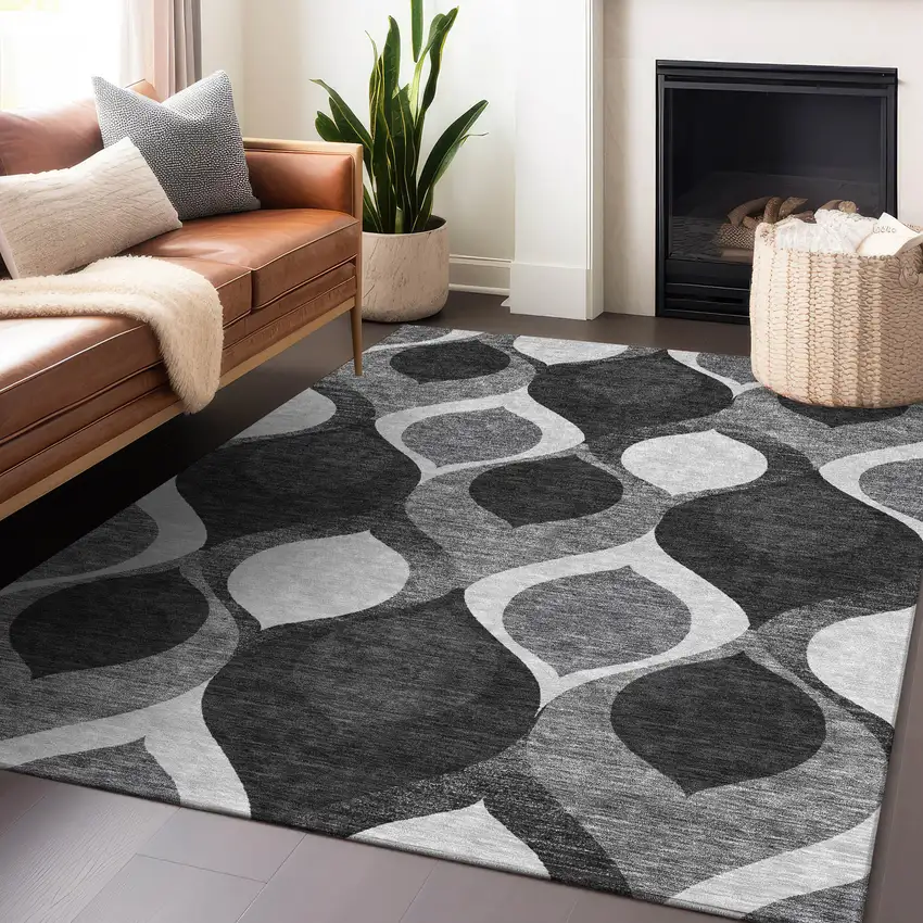 Black And Silver Ogee Washable Area Rug With UV Protection Photo 6
