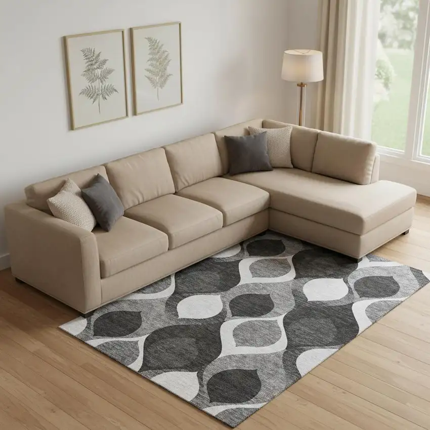 Black And Silver Ogee Washable Area Rug With UV Protection Photo 1