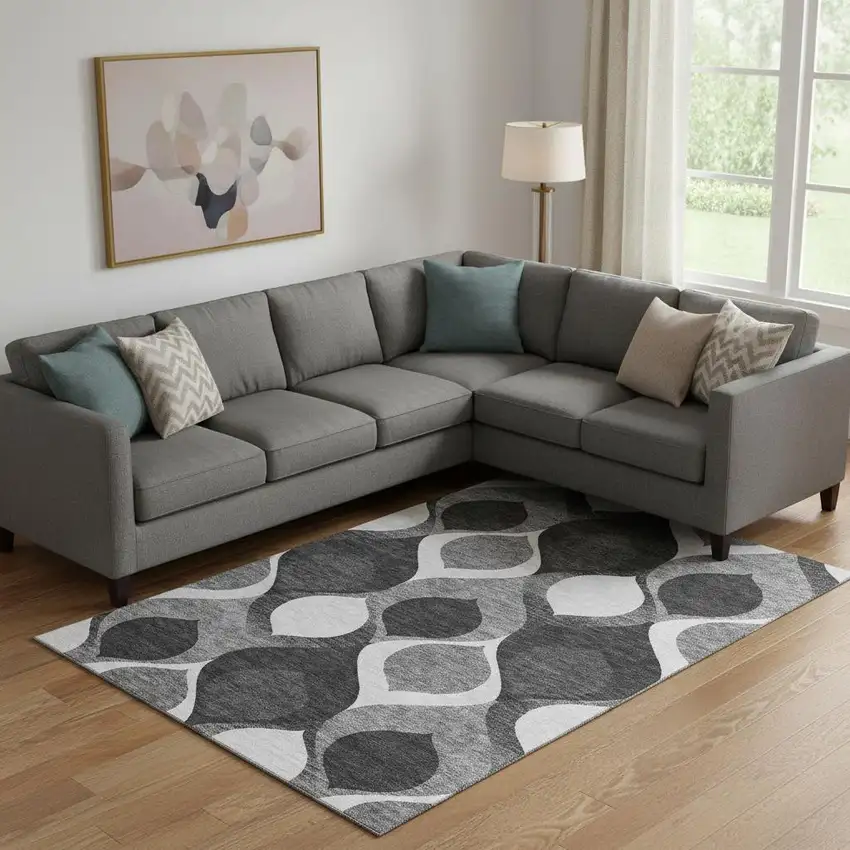 Black And Silver Ogee Washable Area Rug With UV Protection Photo 1