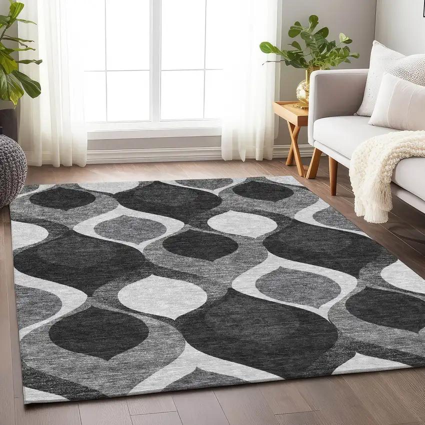 Black And Silver Ogee Washable Area Rug With UV Protection Photo 5