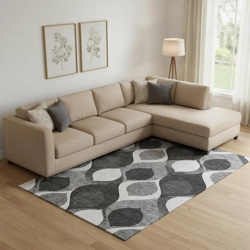 Black And Silver Ogee Washable Area Rug With UV Protection Photo 1