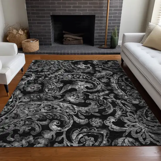 Black And Silver Paisley Washable Area Rug With UV Protection Photo 5