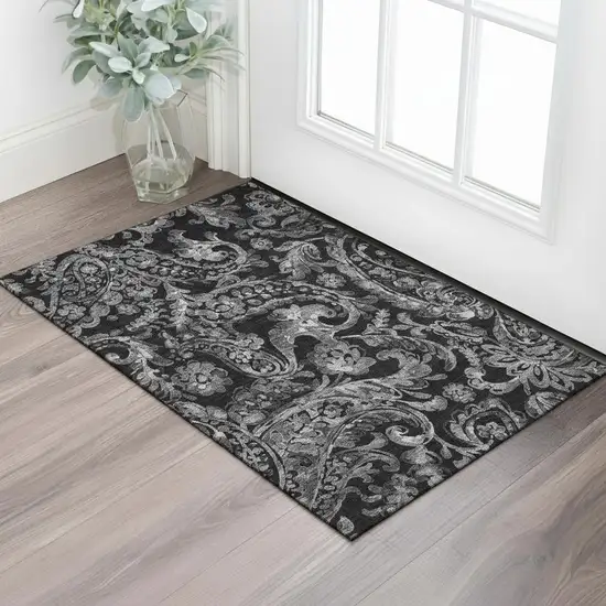 Black And Silver Paisley Washable Area Rug With UV Protection Photo 1