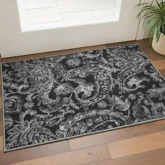 Black And Silver Paisley Washable Area Rug With UV Protection Photo 2