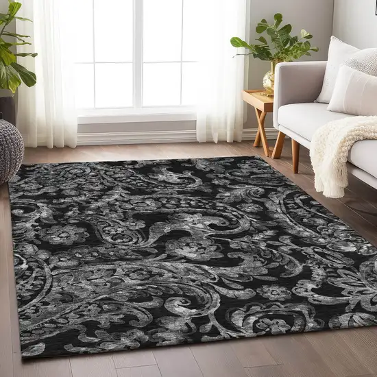 Black And Silver Paisley Washable Area Rug With UV Protection Photo 6